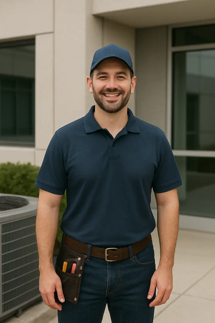 HVAC Technician Standing in Front of Office